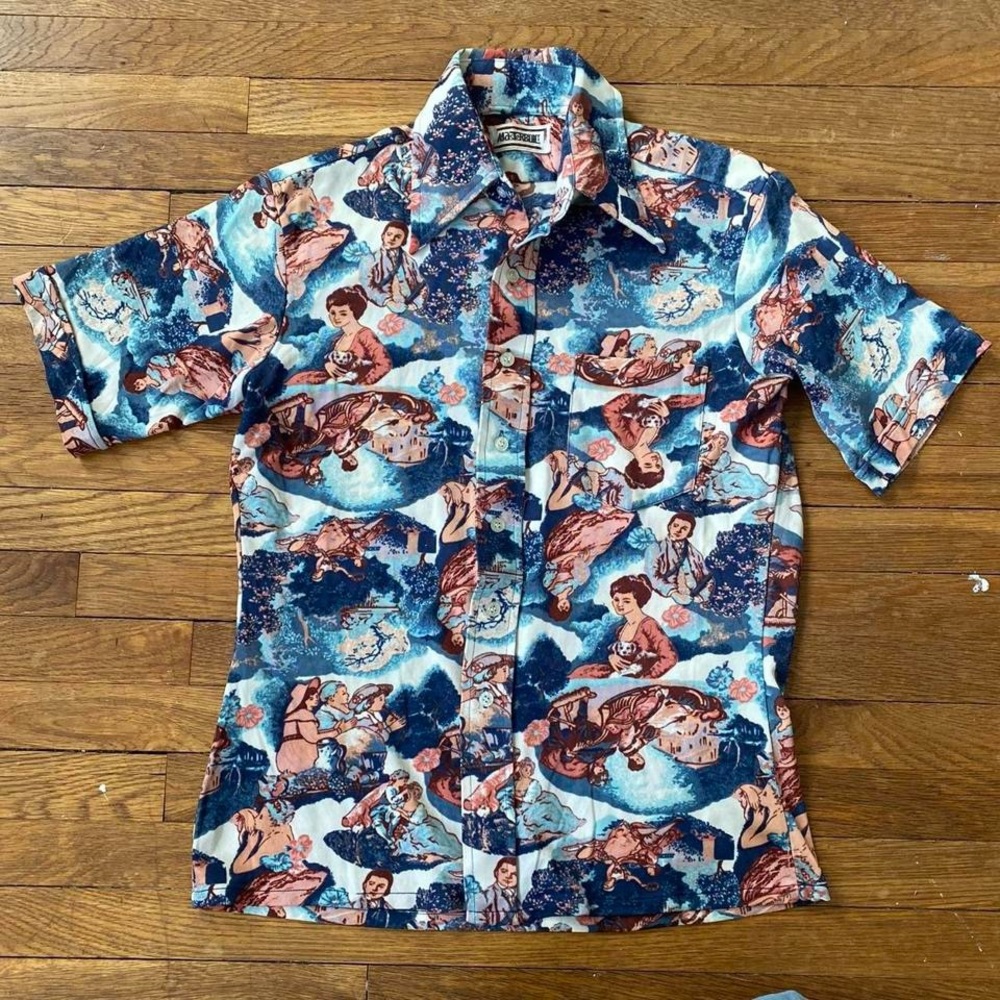 70s funky print polyester button up short sleeve